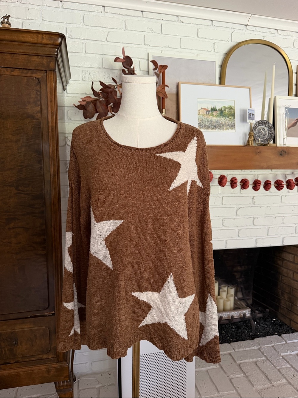 Altar'd State Brown Star Crewneck Sweater with Cream Stars